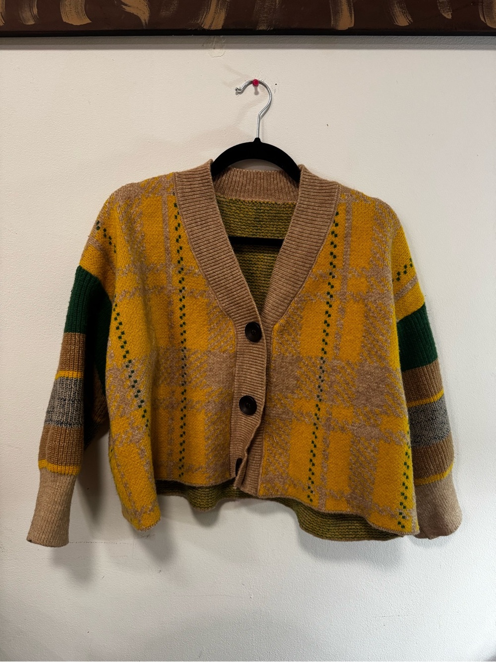 Vintage cropped Mustard Plaid Button-Front Women’s Sweater Cardigan